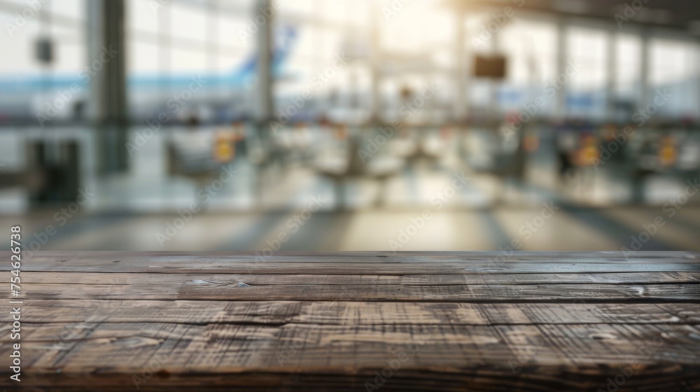 Wooden table top with copy space. Airport background