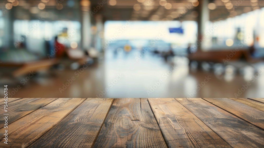 Wooden table top with copy space. Airport background