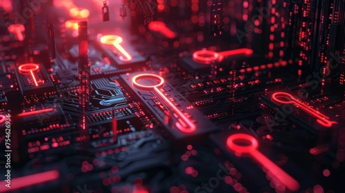 A 3D illustration of an intricate circuit board with glowing red keys, representing the concept of data encryption and cybersecurity. 