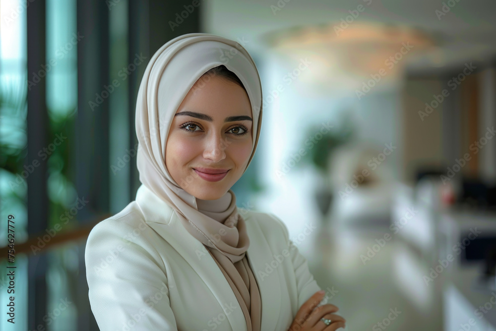 Arab businesswoman in white formal suit dress arms crossed in modern office Arab businesswoman in white formal suit dress arms crossed in modern office