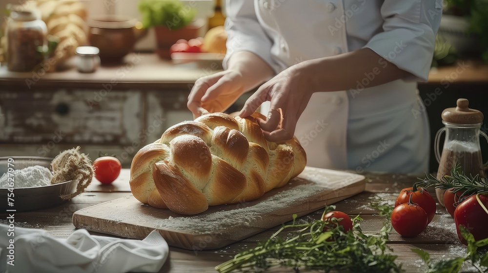 Chef's hands with freshly baked fragrant bread with a crispy crust. A slice of heaven awaits as you sink your teeth into this delectable creation.