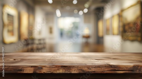 Wooden table top with copy space. Art gallery background photo