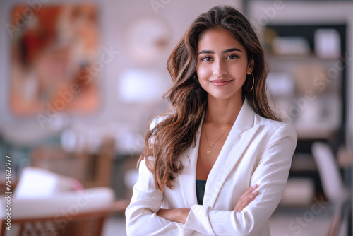 Indian businesswoman in white formal suit cloth arms crossed in modern office