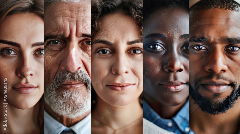Multiethnic people of different ages looking at the camera collage