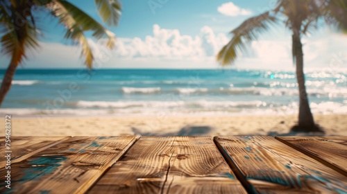 Wooden table top with copy space. Beach background