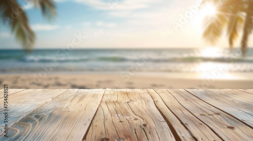 Wooden table top with copy space. Beach background