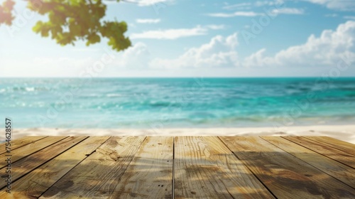 Wooden table top with copy space. Beach background