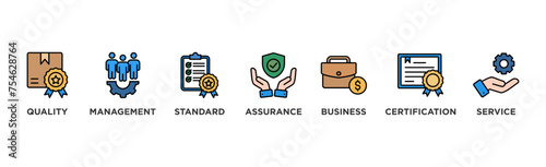 ISO 9001 banner web icon illustration concept with icon of quality, management, standard, assurance, business, certification and service	