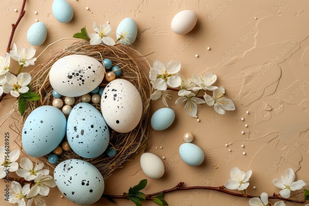 Easter eggs with sweets and flowers on beige background. Happy Easter concept. Easter eggs with sweets and flowers on beige background. Happy Easter concept.