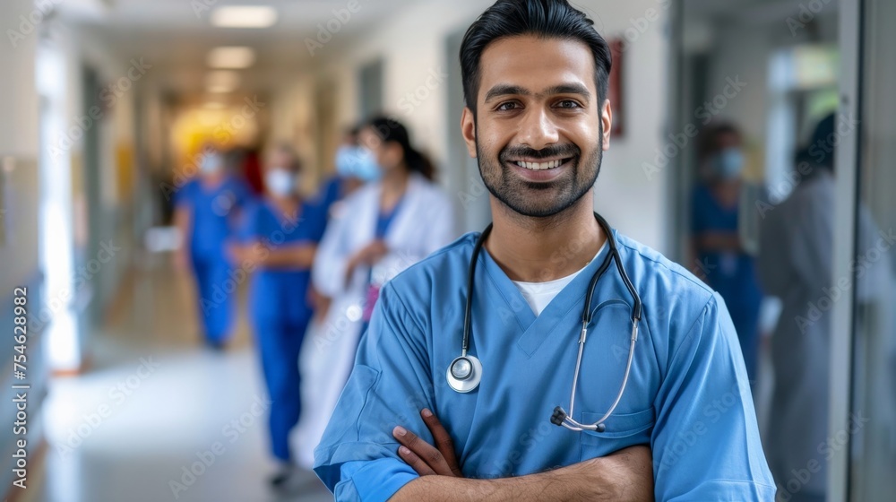 Smiling Middle Eastern man nurse with stethoscope looking at camera. Young doctor smiling while standing in hospital corridor with the health care team in the background. Successful Indian surgeon Smiling Middle Eastern man nurse with stethoscope looking at camera. Young doctor smiling while standing in hospital corridor with the health care team in the background. Successful Indian surgeon