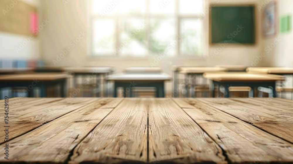 Wooden table top with copy space. Classroom background