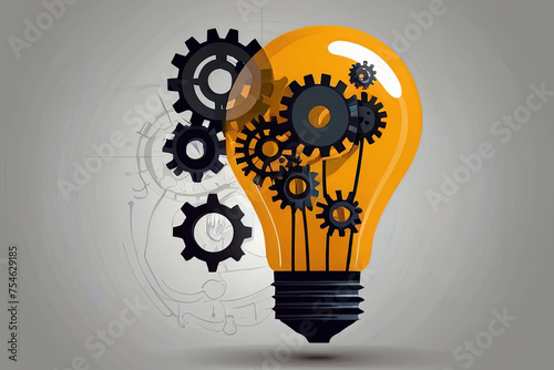 Flat design gears and cogs in light bulb symbolize synergy of business and technology. Abstract concept.