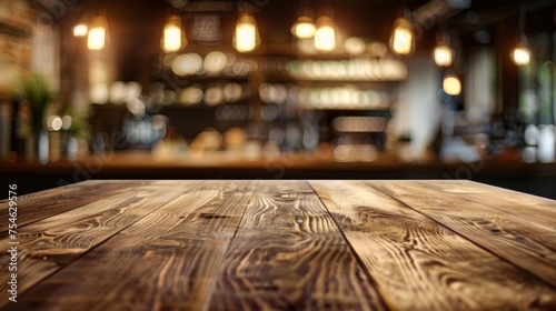 Wooden table top with copy space. Coffee shop background