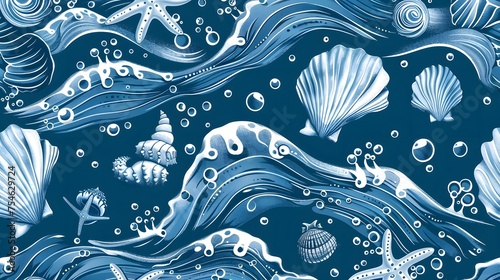 Seamless pattern background inspired by the textures and patterns of the ocean with intricate illustrations of seashells, waves, and sea creatures, set against a serene blue backgroundSeamless pattern photo