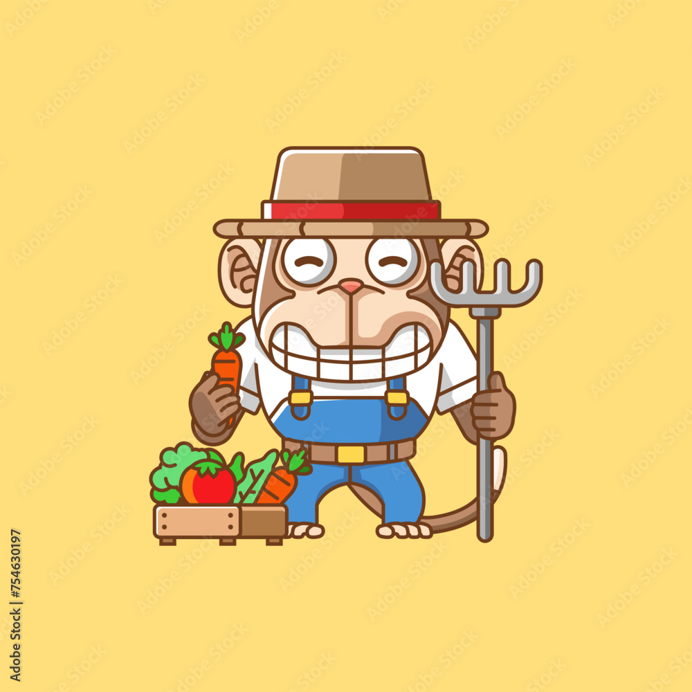 Cute ape monkey farmers harvest fruit and vegetables cartoon animal character mascot icon flat style illustration concept