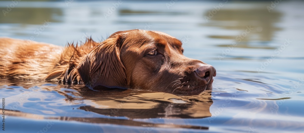 A brown dog is energetically swimming in a refreshing water pool to cool off on a hot day. The dogs fur glistens in the sunlight as it propels itself through the clear water. A brown dog is energetically swimming in a refreshing water pool to cool off on a hot day. The dogs fur glistens in the sunlight as it propels itself through the clear water.