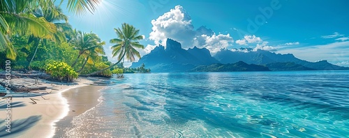 Breath-taking Sunshine Beach in Tahiti. Luxury Vacation Seascape. Solitude concept. photo