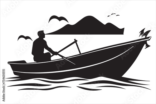 Fisherman in boat silhouette  Vector illustration