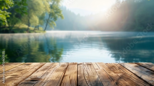 Wooden dock with copy space. Lake background