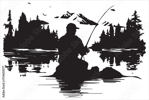 Fisherman fishing silhouette vector illustration