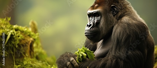 A gorilla is perched atop a vibrant, dense green forest, deeply engrossed in contemplation while occasionally taking bites of food. The gorillas thoughtful demeanor contrasts against the lush foliage