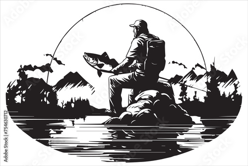 Fisherman in boat silhouette Vector illustration