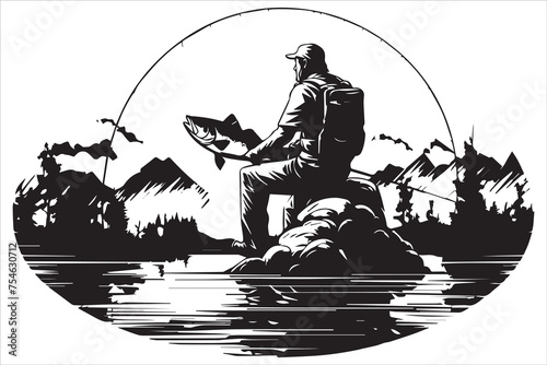 Fisherman in boat silhouette  Vector illustration