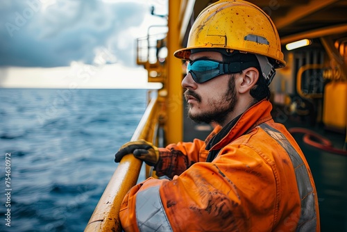 A man wearing a hard hat and goggles is on a boat, possibly working on equipment or maintenance tasks. Generative AI