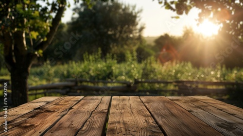 Wooden table top with copy space. Farm background