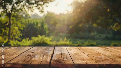 Wooden table top with copy space. Farm background