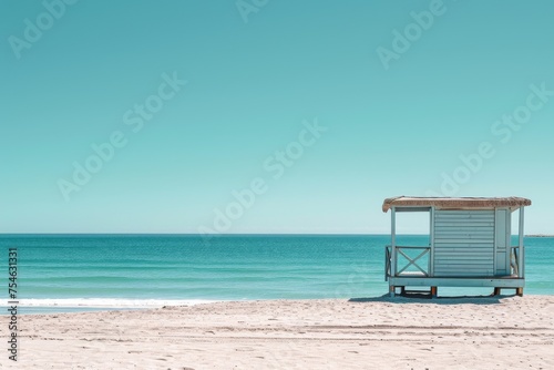 Wooden hut on an empty beach in front of the sea