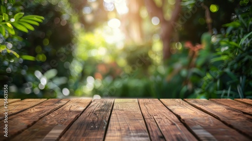 Wooden table top with copy space. Beautiful garden background