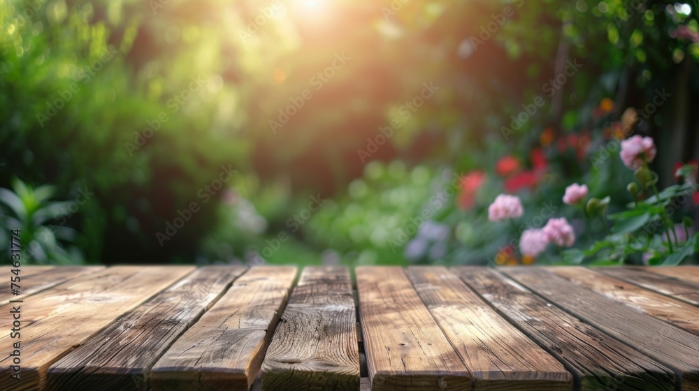 Wooden table top with copy space. Garden background
