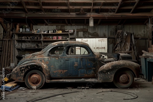 An old, rusted car is parked inside a garage, surrounded by tools and car parts. Generative AI