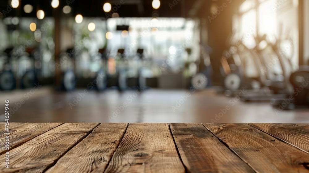 Wooden table top with copy space. Gym background