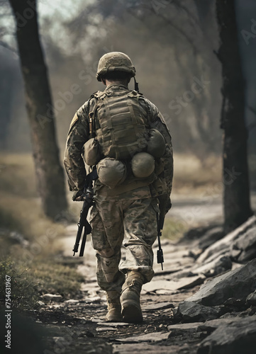 Soldier alone exhausted and injured walking
