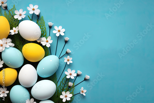 Easter Eggs and Spring Flowers on Blue Background. Copy Space for Happy Easter Banner Message