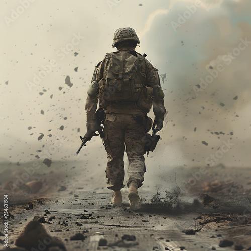 Soldier alone exhausted and injured walking photo