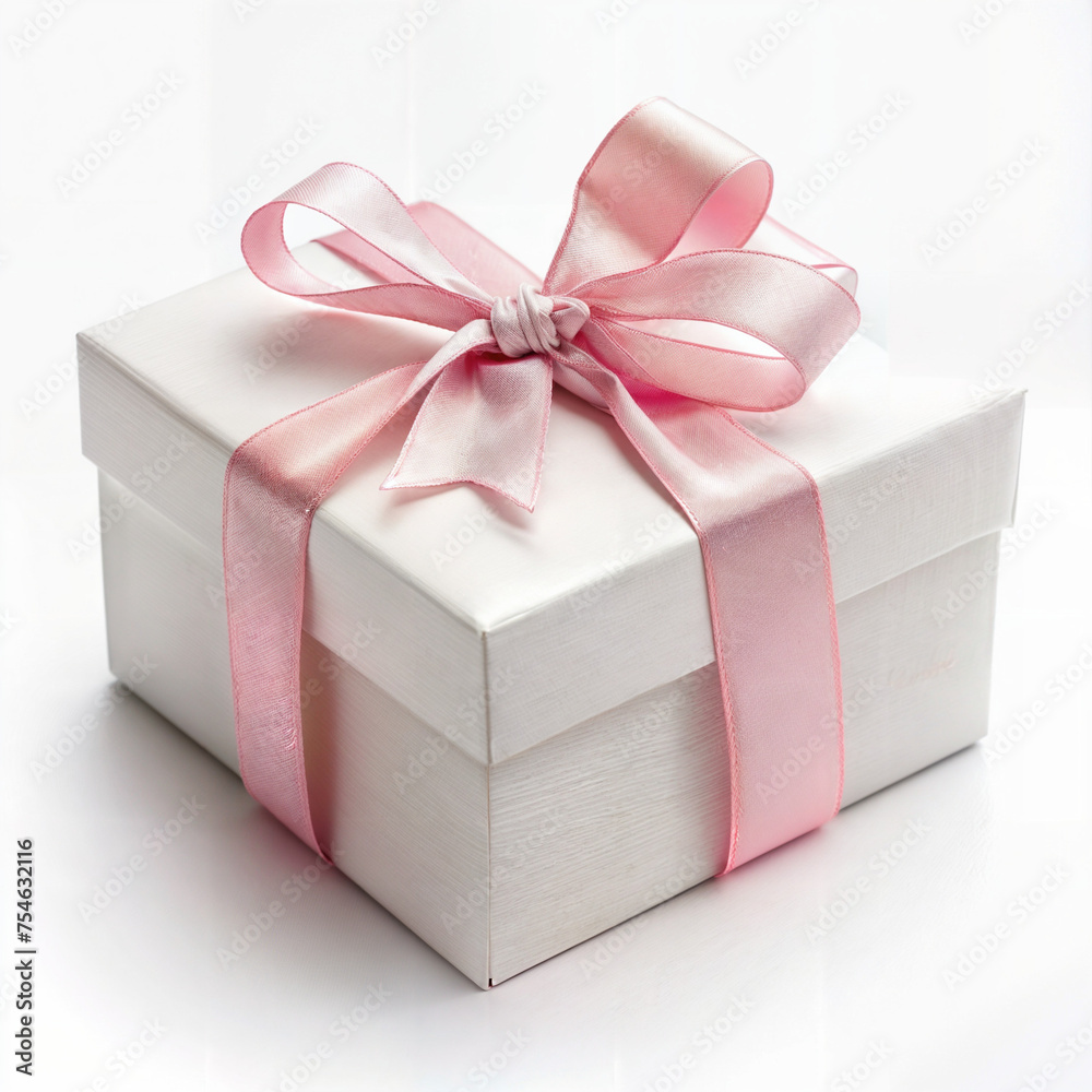 Obraz premium Gift box with pink bow on white background.