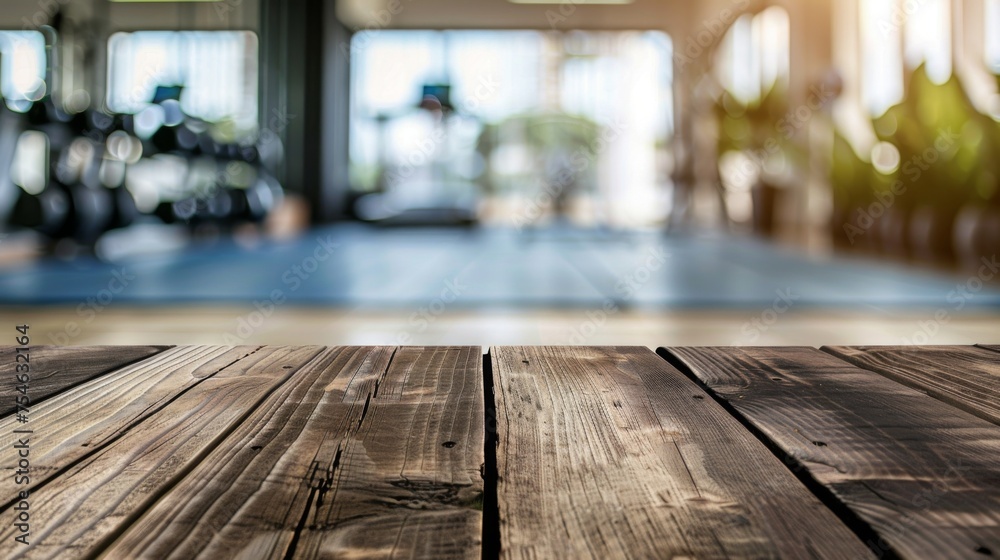 Wooden table top with copy space. Gym background Wooden table top with copy space. Gym background
