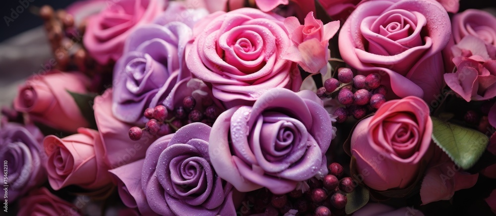 A Valentines Day bouquet featuring big pink and purple roses and wax flowers placed on a table. A Valentines Day bouquet featuring big pink and purple roses and wax flowers placed on a table.