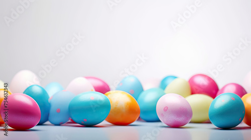 Colorful Easter Eggs on White Background. Copy Space for Easter Sunday Celebration with Bokeh Background
