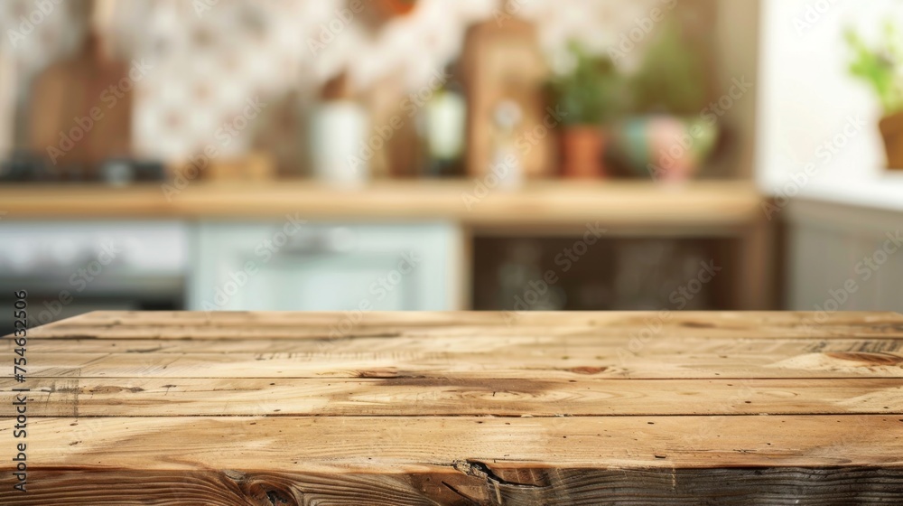Wooden table top with copy space. Cozy kitchen background