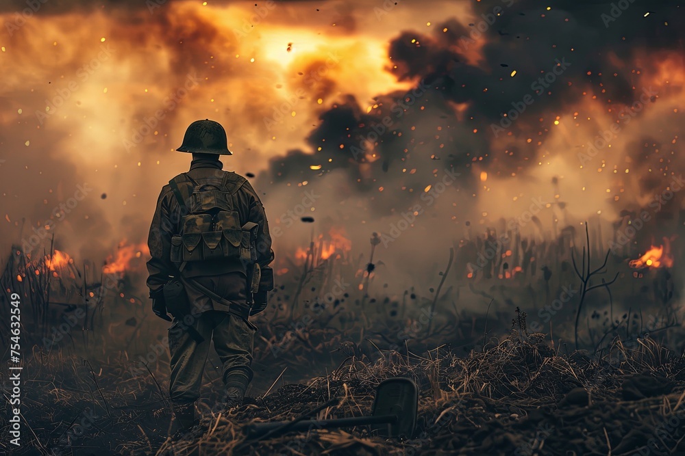 A soldier walking through a field amidst thick smoke in the background on the frontlines of a battlefield. Generative AI A soldier walking through a field amidst thick smoke in the background on the frontlines of a battlefield. Generative AI