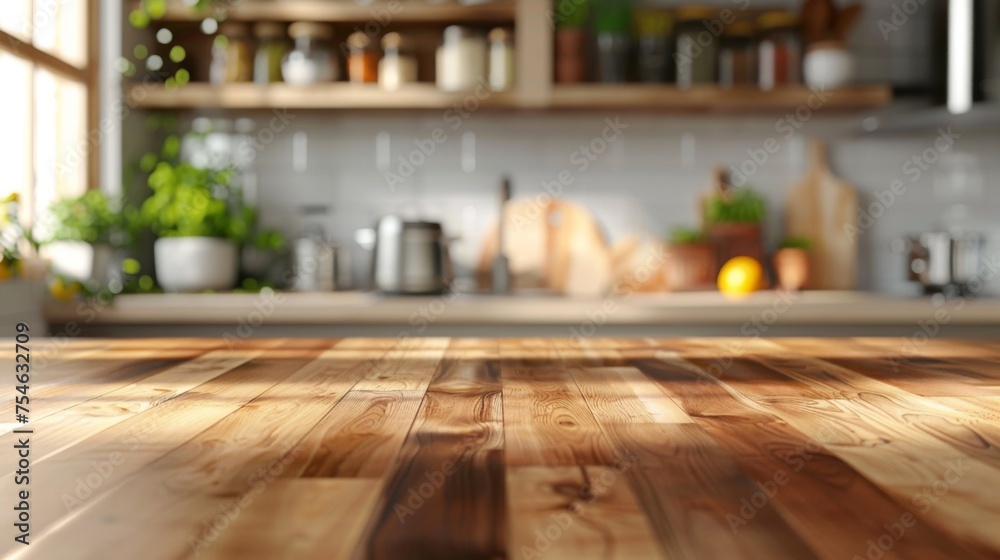 Wooden table top with copy space. Kitchen background