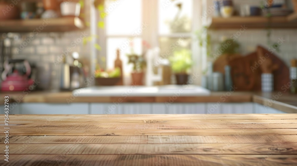 Wooden table top with copy space. Kitchen background