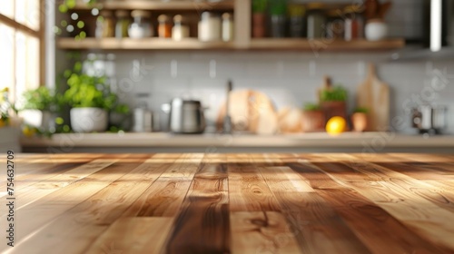 Wooden table top with copy space. Kitchen background