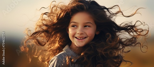 A young girl with curly, wind-blown long hair is smiling happily. She exudes joy and contentment as she enjoys the outdoors. photo