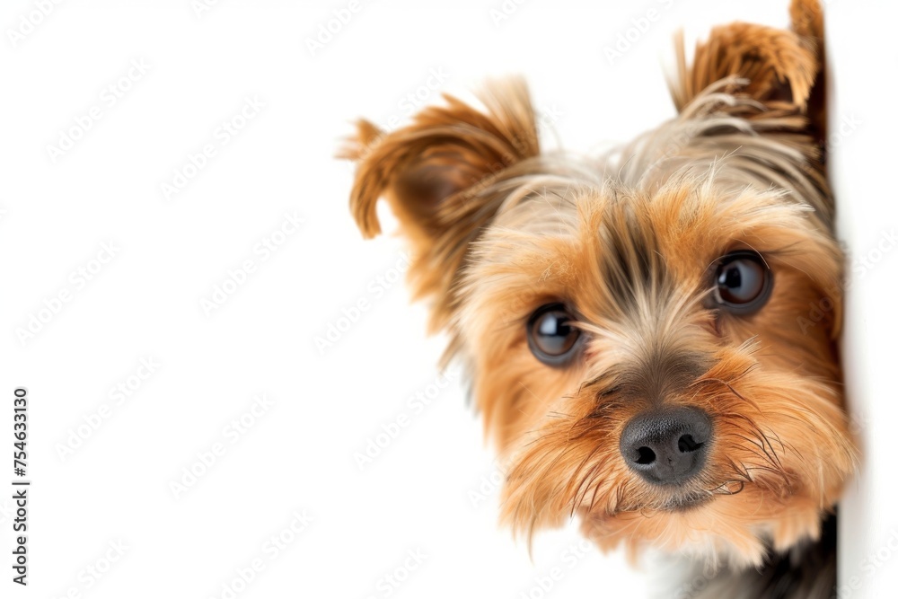 Yorkshire Terrier peeking close up against white background