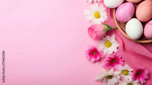 Easter Eggs with Flowers on Pink Background. Easter Eggs atop a Napkin towel  Copy Space Banner for Easter Festival